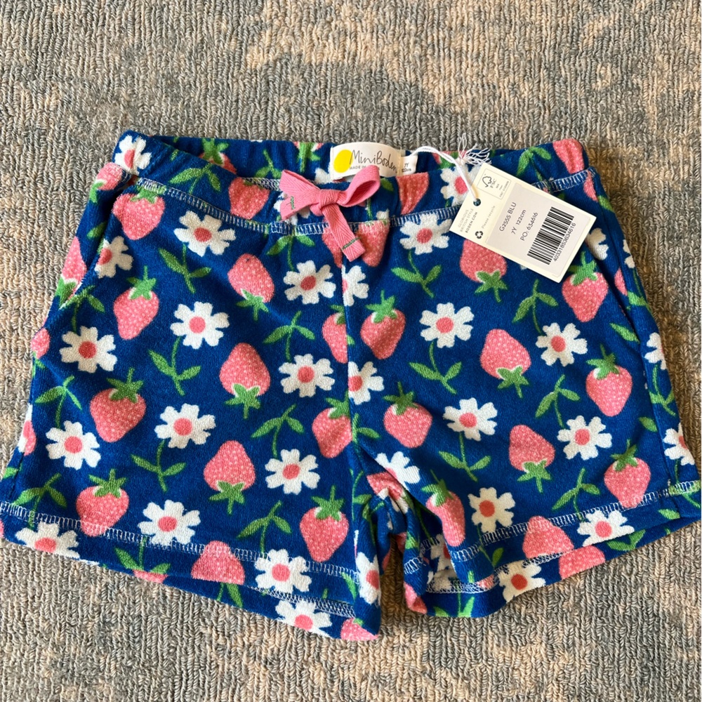 Brand: Mini Boden. Terry cloth, Strawberry and daisies girl shorts.